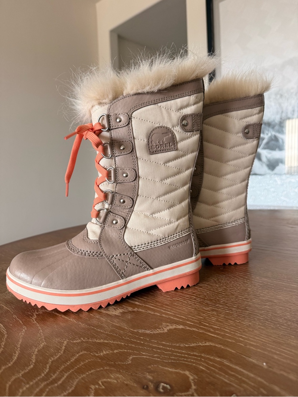 Sorel Kids Beige and Coral Winter Lace-Up Boots with Faux Fur Trim